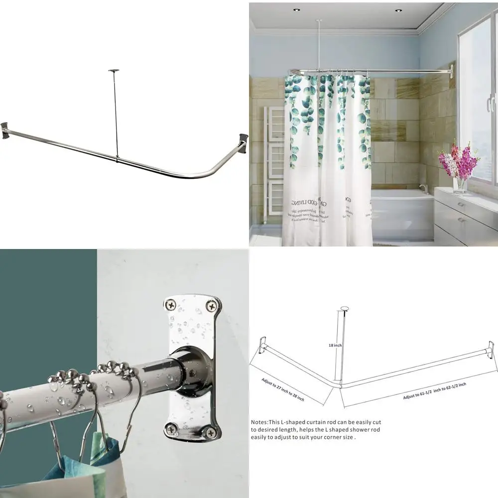 

Chrome-Plated L-Shaped Shower Curtain Rod with Ceiling Support for Bathroom Bathtub