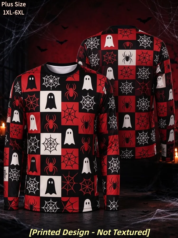 Men's Halloween Ghost Spider Web Checkered Long Sleeve T-Shirt Red Black White Graphic Tee Spooky Pullover Tops Gift 2026