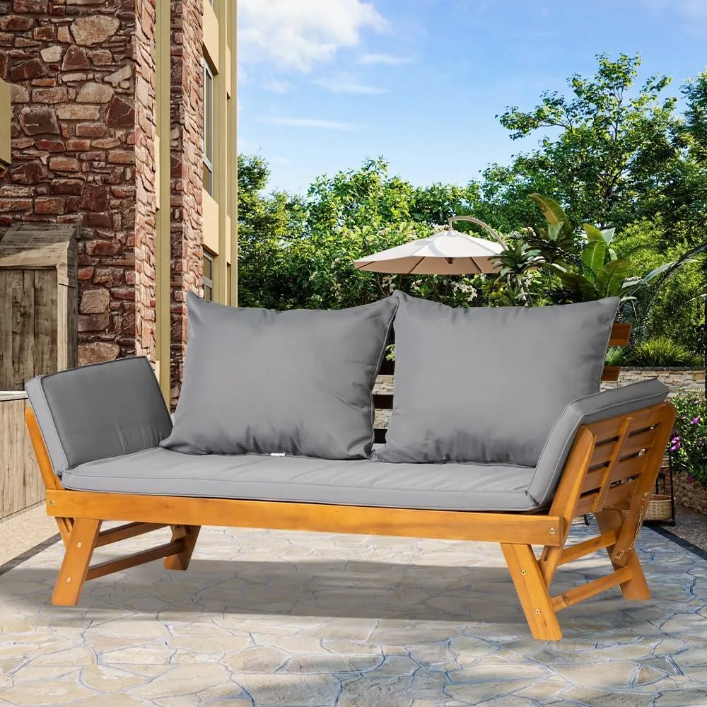 

Acacia Wood Convertible Couch Sofa Bed Adjustable Armrest Folding Daybed Collapsible Chaise Lounge w/Cushions Outdoor Loveseat