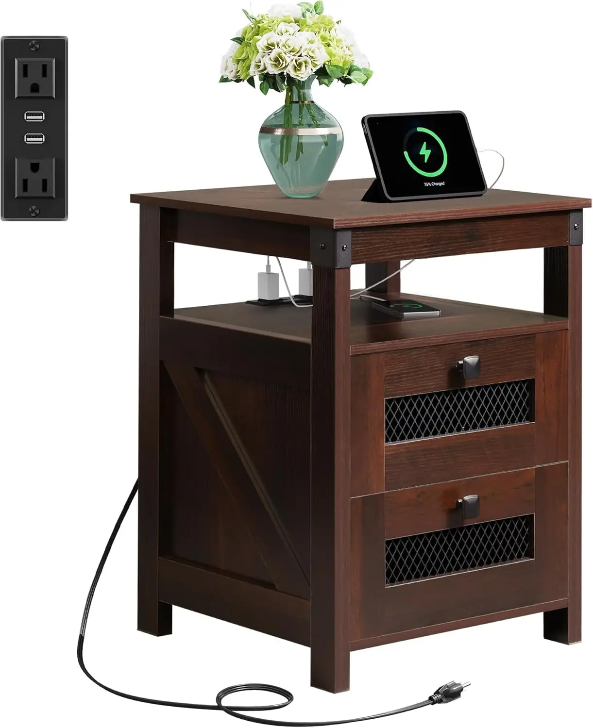

Nightstand with Charging Station, Farmhouse Bed Side Table, 2 Drawers and Open Shelf, Rustic Espresso Wood Nightstand