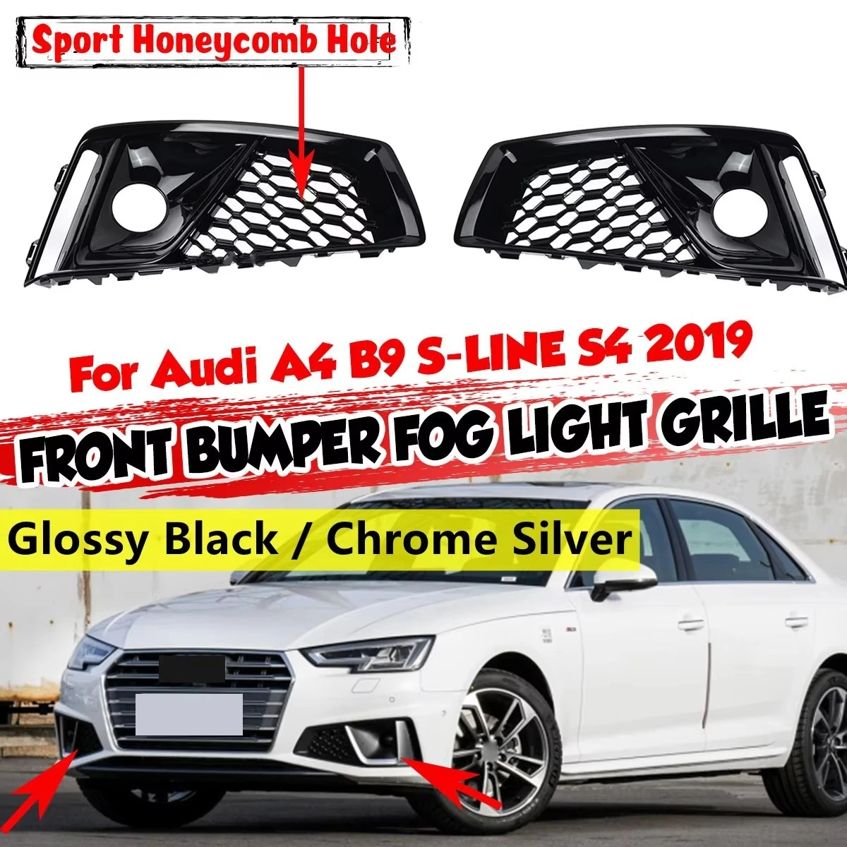 

1Pair Front Bumper Fog Light Grille For Audi A4 B9 S-LINE S4 2019 2020 Honeycomb Mesh Fog Lamp Grille Cover