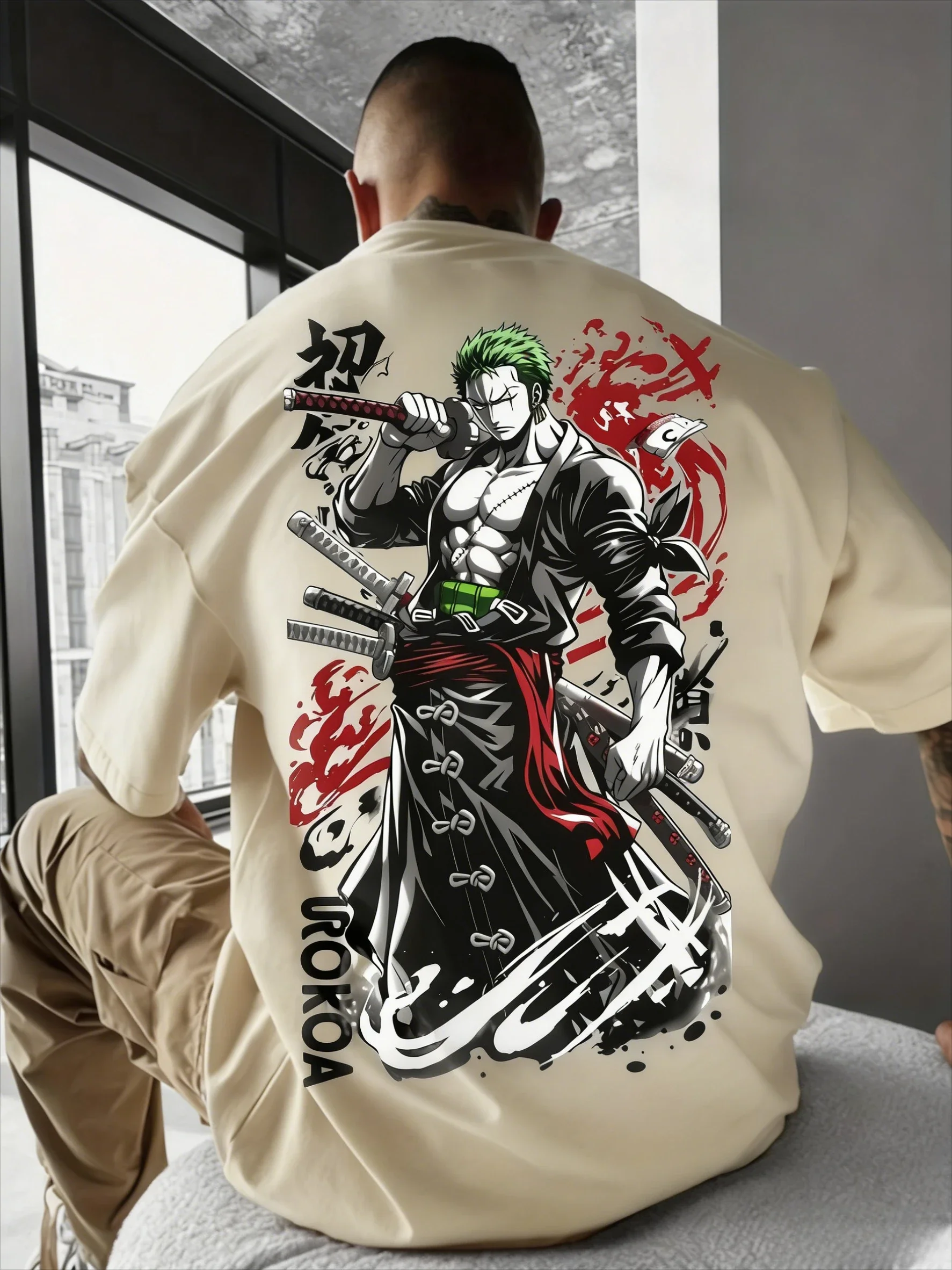 

ONE PICE Anime Roronoa Zoro Printed Cotton T-shirt Men's and Women's Summer New Street Hip Hop Loose Casual Parent-child Top