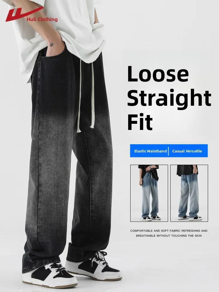 Adient American Sle الرجال الصيف رقيقة واسعة الساق الجينز فضفاضة مستقيم قطع عارضة السراويل منخفضة الخصر الكلاسيكية الأزرق الدنيم
