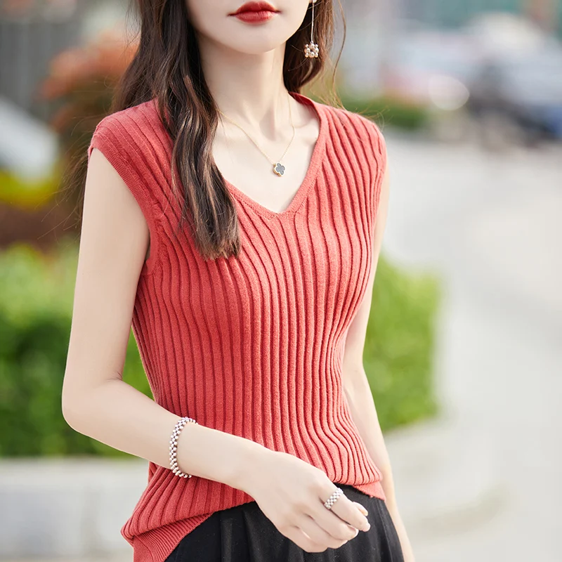 Women's T-shirt Summer New 100% Cotton Knitwear Casual Solid Color Ladies Tops V-neck Pullover Sleeveless Vest Slim Tees