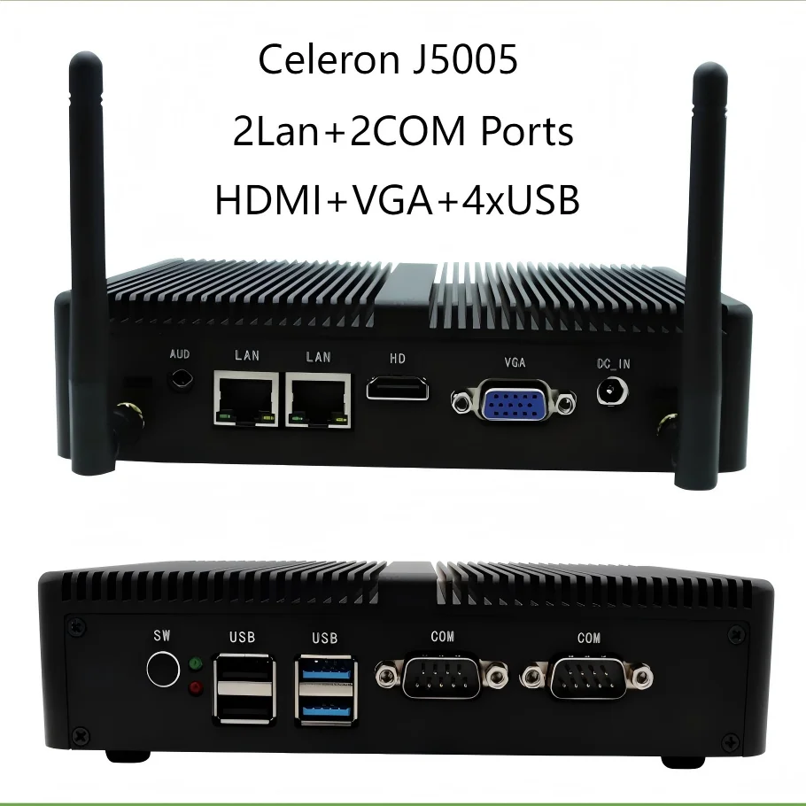 كمبيوتر صغير بدون مروحة للمنزل والمكتب Celeron J5005 8G RAM 128G SSD Dual LAN Win10 كمبيوتر صغير صناعي للأعمال 2xRs232 COM مثبت