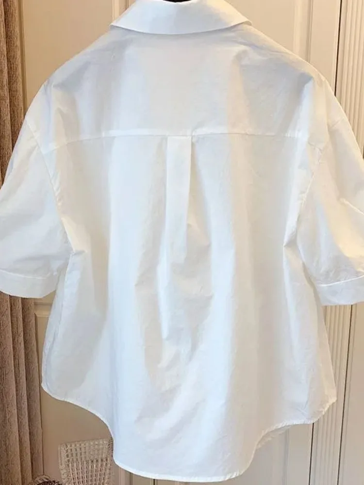 Women Pocket Blouse Chic High Street Tops Korean Vintage Turn-down Collar Loose Solid Blusas Mujer Short Sleeve Oversized Shirt