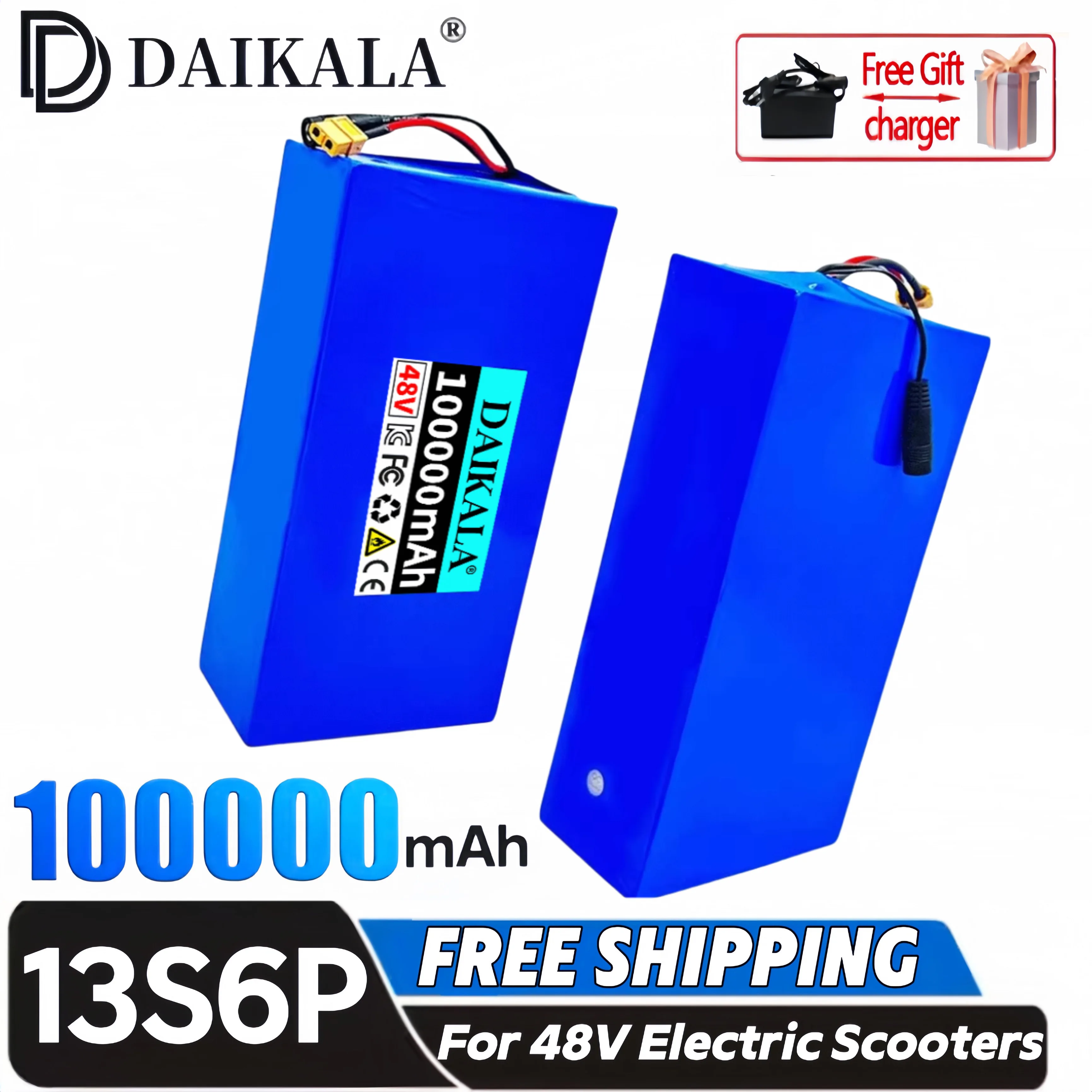 New 48V 13S6P 100Ah Lithium-ion battery pack For 54.6V 2000W electric scooter and bicycle battery, built-in 50A BMS+charger