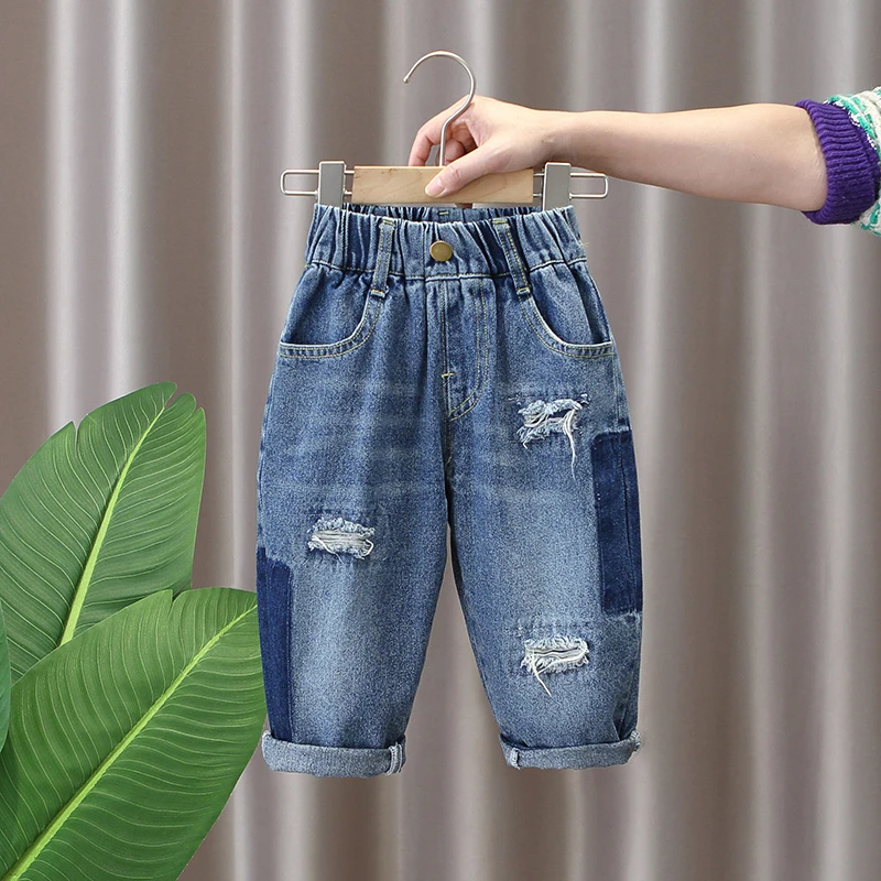 

Jeans For Girls Solid Wide Leg Pants Kids Ripped Hole Loose Trousers Teen Spring Autumn Kids Girls Patchwork Clothes For 2-12Y