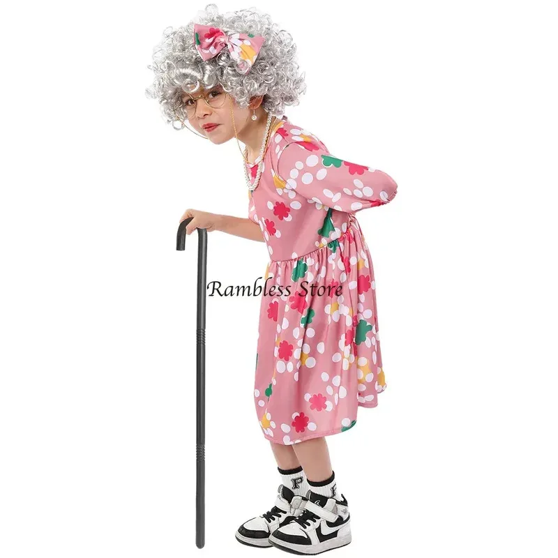 

Cute Granny Flower Dress Cosplay Costumes for Children Girls Halloween Carnival Party Kids Grandma Old Woman Cos with Wig Crutch