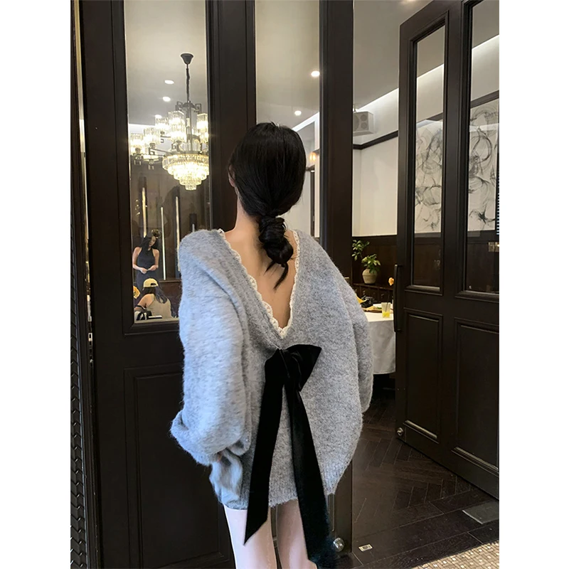 MEXZT Elegant Bow Sweater Women Sexy V Neck Oversized Knitted Pullovers Aesthetic Lace Knitwear Korean Long Sleeve Jumpers New