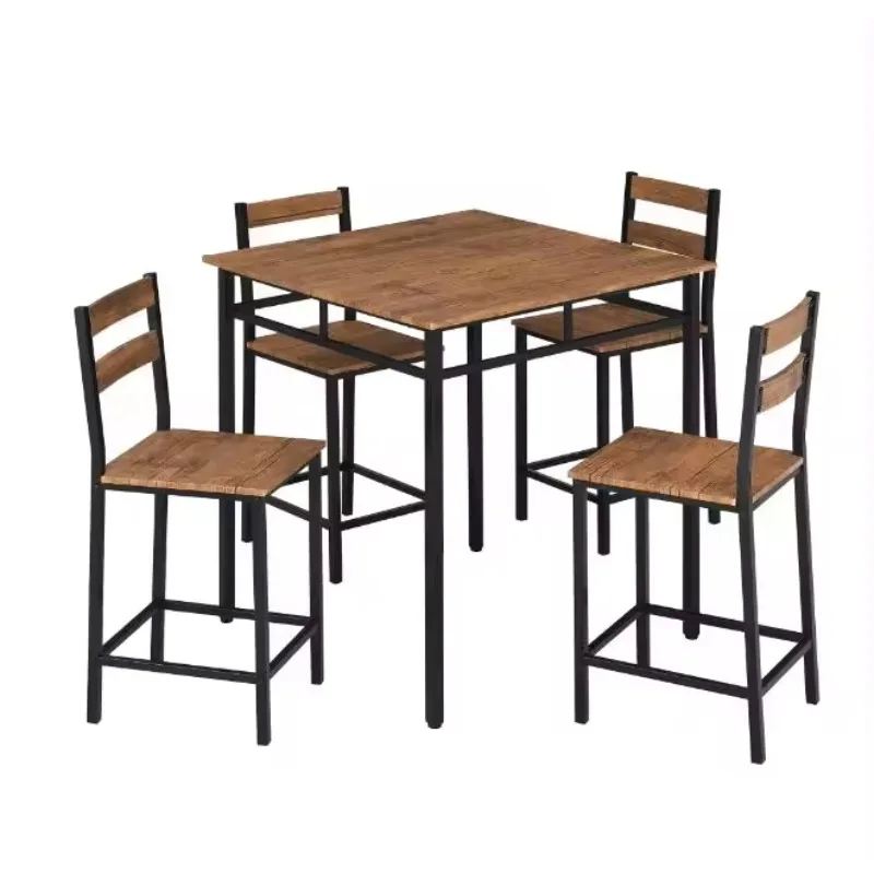 Vintage Oak 5 pieces dinning table set iron leg bar table set for living room