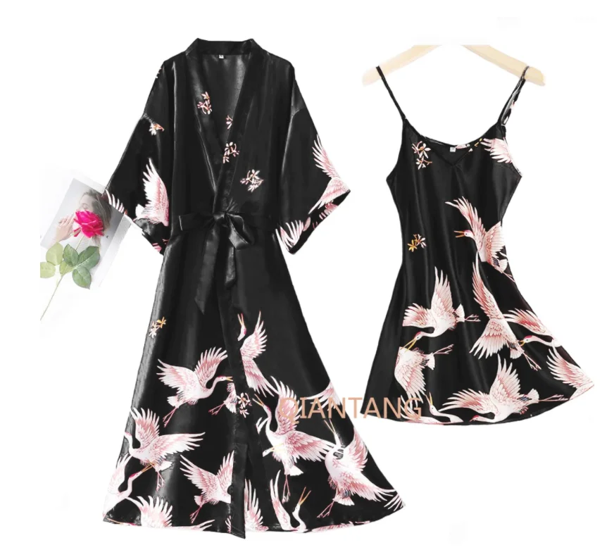 Sexy Nightwear Gown Set Women 2PC Pyjama V-Neck Pajamas Silky Sleepwear Spring Lady Sleep Suit Robe Wear Home Negligee Homewear