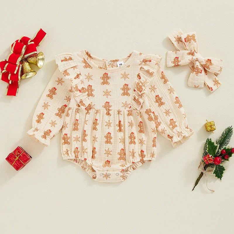 2024-07-23 Lioraitiin Baby Girl Christmas Linen Romper Gingerbread Man Print Long Sleeve O-Neck Bubble Jumpsuit with Headband