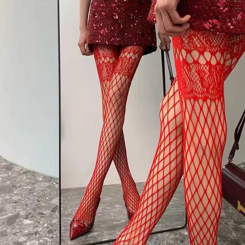 New Hollow Design Fishnet Pantyhose Sexy Women Tights High Waisted Anti Hook Lace Pantyhose Goth Punk Cool Slim Mesh Stockings - usage example