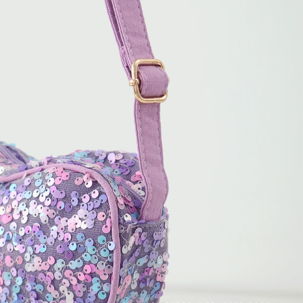 حقيبة كروس لامعة على شكل قلب للفتيات بسحاب أرجواني ترتر حقائب بحمالات للنساء للسفر في الهواء الطلق محفظة صغيرة