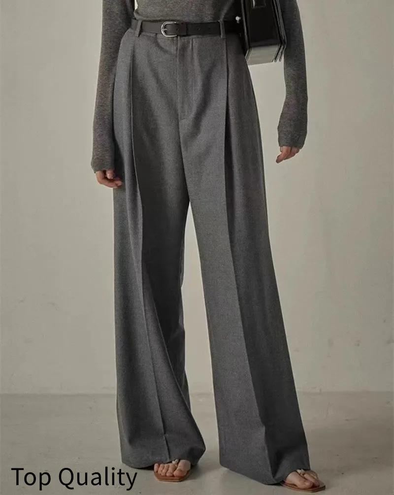 2024 Women\'s Spring Grey Wide Leg Pants Women\'s Spring and Autumn High Waist Suit Pants Loose Version Floor Pants