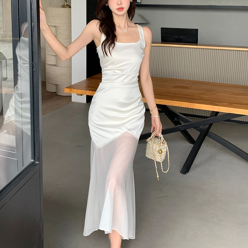 U ネックステインドレス U ネックノースリーブベストドレス夏の女性スパゲッティストラップフィッシュテールマーメイドドレスクラブパーティーボディコンメッシュドレス