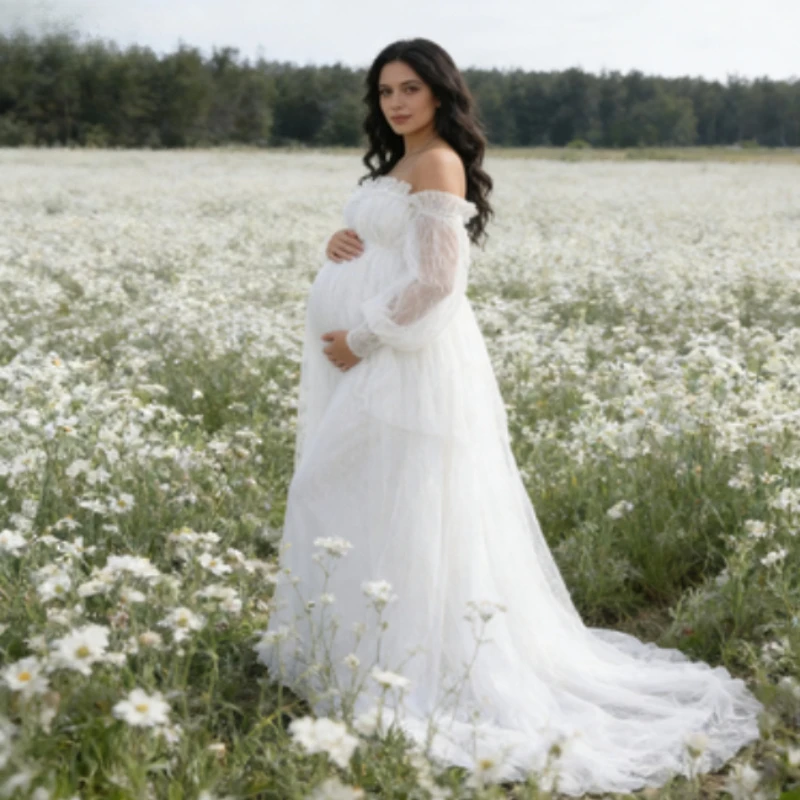 パフスリーブオフショルダーポルカドットチュールマタニティドレス、妊婦用フロア丈撮影用ガウン