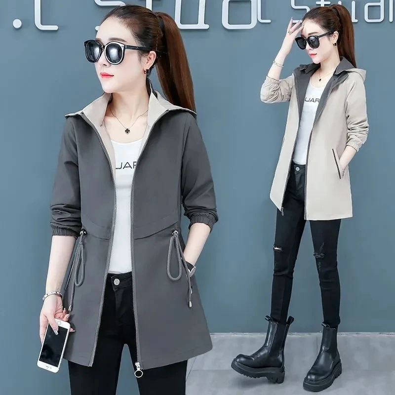 New Fashion Double-Sided Wear Trench Coat Women Mid-Longth Spring Autumn High Quality Hooded Windbreakers Female Tops Outerwear