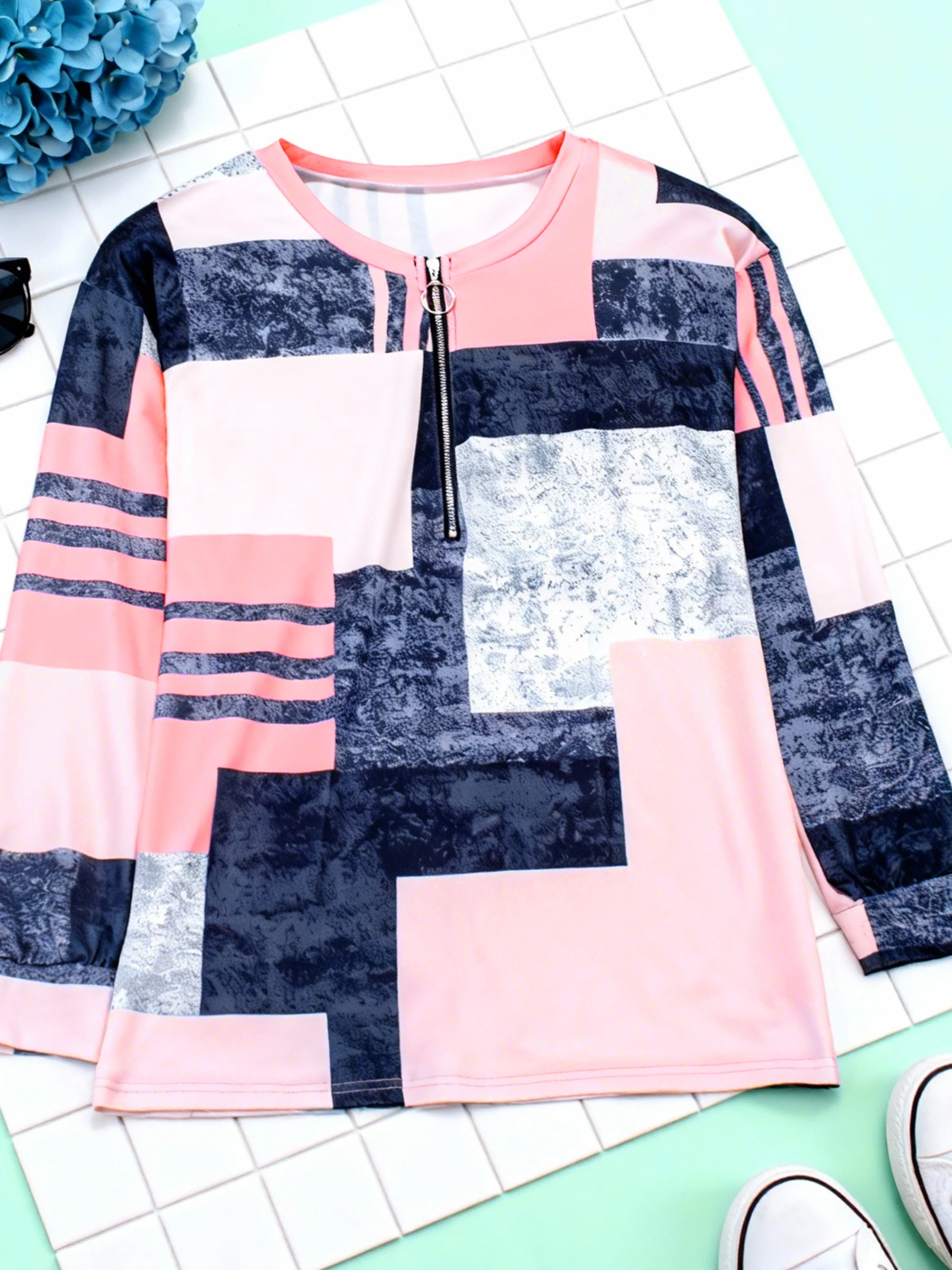 

Осенняя женская футболка с длинным рукавом и цветочным принтом на молнии спереди больших размеров