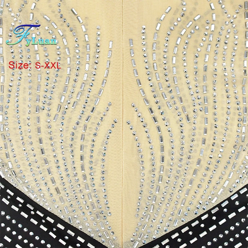 Sheer ตาข่ายผู้หญิงสีบล็อกห่อด้านหน้าไม่สมมาตรชุด Rhinestones ร้อนแขนกุด O คอหญิง Vestidos ความยาวชุด