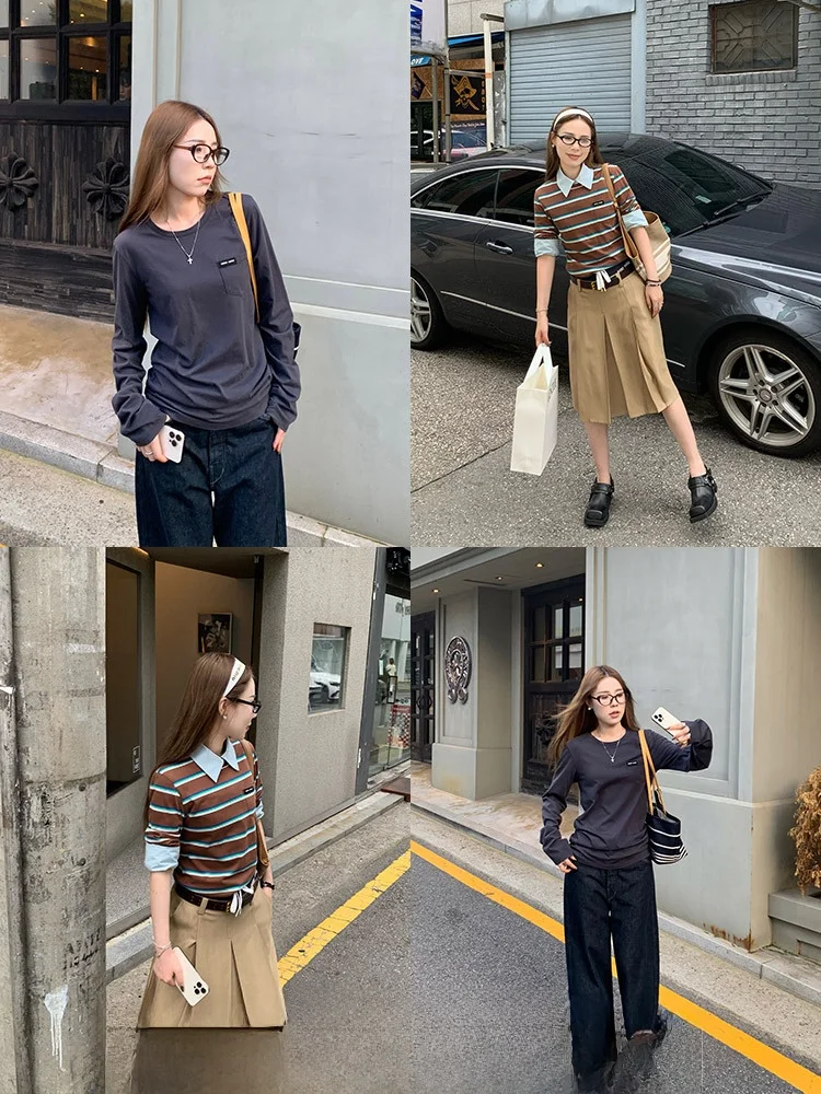 

Xzichic Винтажная полосатая длинная све круглая женская базовая футболка Miu Sle Универсальная внутренняя одежда Повседневная футболка прямого кроя ...