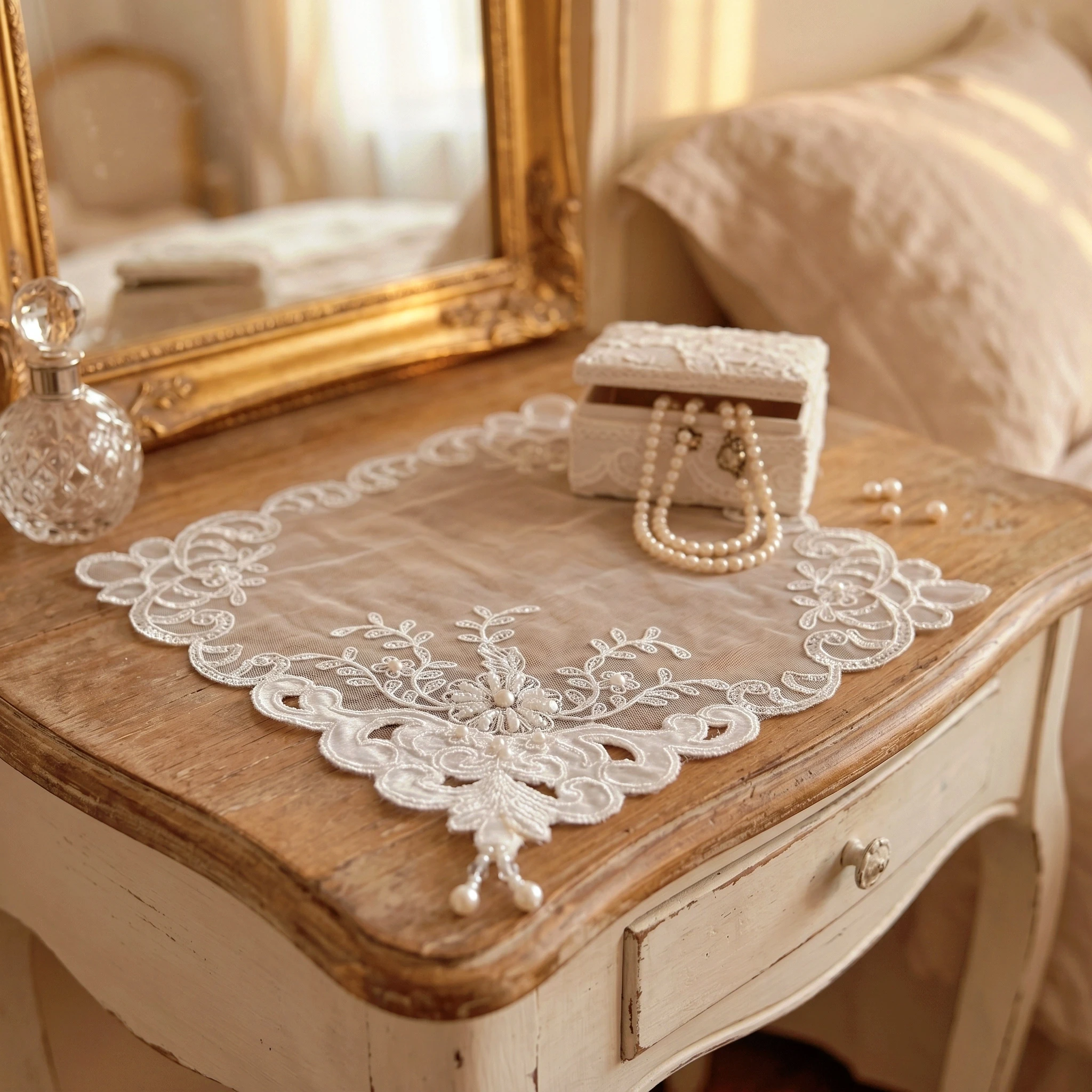 Lace Tablecloth 4Pcs 28x28 Pearl Trim Table Decor 4pcs Placemats Wedding White Lace Handmade Coasters Set Elegant Table Runner Square Table Cover Luxury Accessories For Table 13