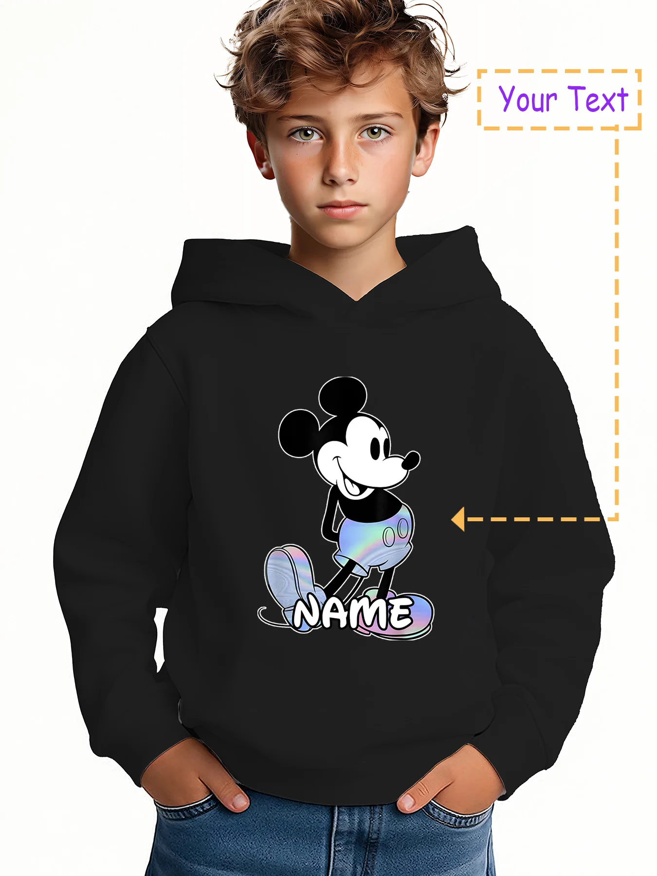 

MINISO Colorful Mickey Mouse Hoodie - Featuring a vibrant gradient Mickey Mouse pattern and customizable with "NAME." Authentic