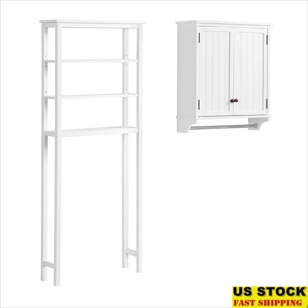 

Over Toilet Organizer Wall Mounted Bathroom Storage Cabinet with Open Shelving 2 Doors Towel Bar Adjustable Shelves Space Saver