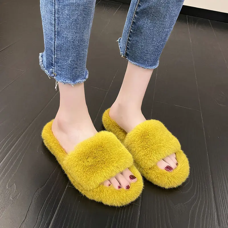 2023 Luxury Women Slippers Soft Winter Fluffy Faux Fur Home Shoes Eva Flat Bottom Ladies Slides