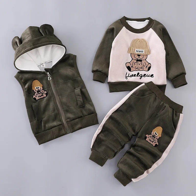 Autumn Winter New Baby Boys Girls Clothing Set Cartoon Print Sweatshirt+Pants+Vest 3Pcs Suit For 1-4Y Kids Thick Warm Outfit