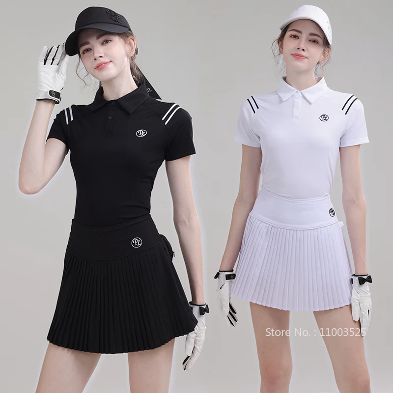 

New PL Golf Polo Shirts for Women Quick-Dry Elastic Tops Breathable Short Sleeve Sports Tops Lady Pleated Skirt Tennis Skorts