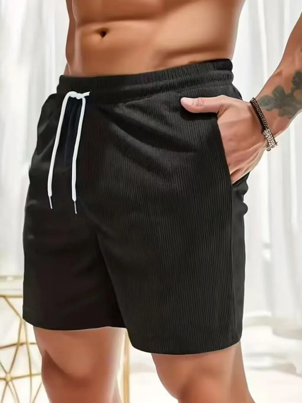 Men's Casual Athletic Shorts Black Vertical Stripe Elastic Waist White Drawstring Loose Short Length Workout Shorts