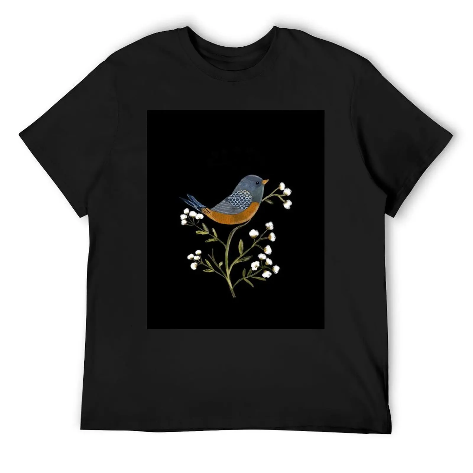 

Bird in bush with white flowers. T-Shirt Clothing summer shirt quick drying mens fashion