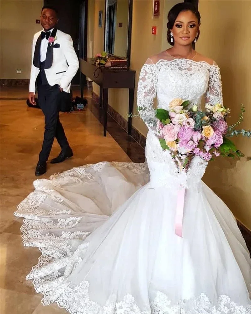 

Индивидуальные винтажные свадебные платья с длинными рукавами, больших размеров, кружевные, в стиле русалка, с бисером и пайетками, нигерийские, африканские, арабские свадебные наряды