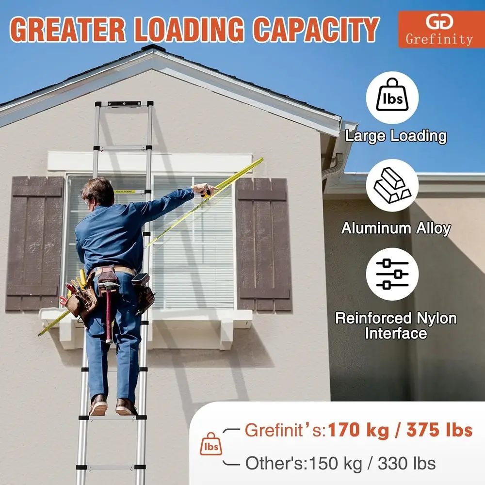 12.5 FT Aluminum Telescoping Ladder, One Button Retraction Extension Ladder, 375 lbs Load Capacity with Non-Slip Wide Feet, Comp