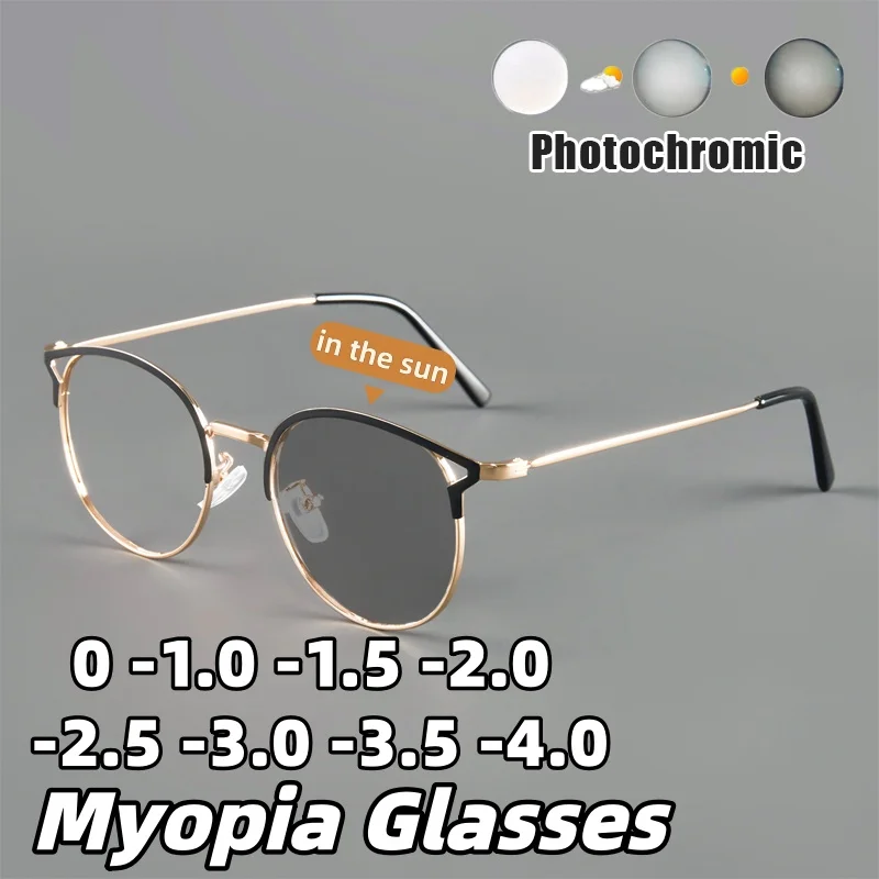 

Retro Round-Frame Photochromic Myopia Glasses Women's INS Style High-Definition Comfort Eyeglasses Minus Diopter 0 To -4.0