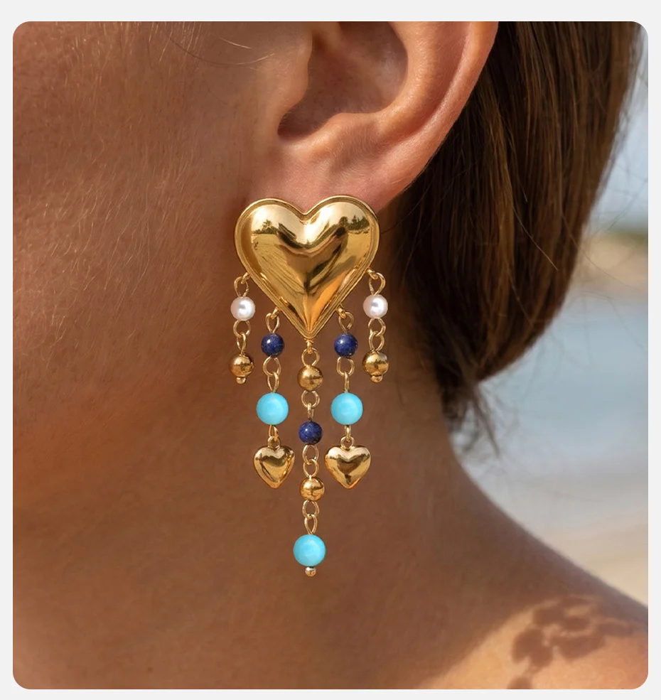 Vnox Böhmische Naturstein-Ohrhänger für Damen, vergoldet, mit Herzfransen, Lapislazuli, Türkis, Perlen, Ohrschmuck für den Strand – Detail 2