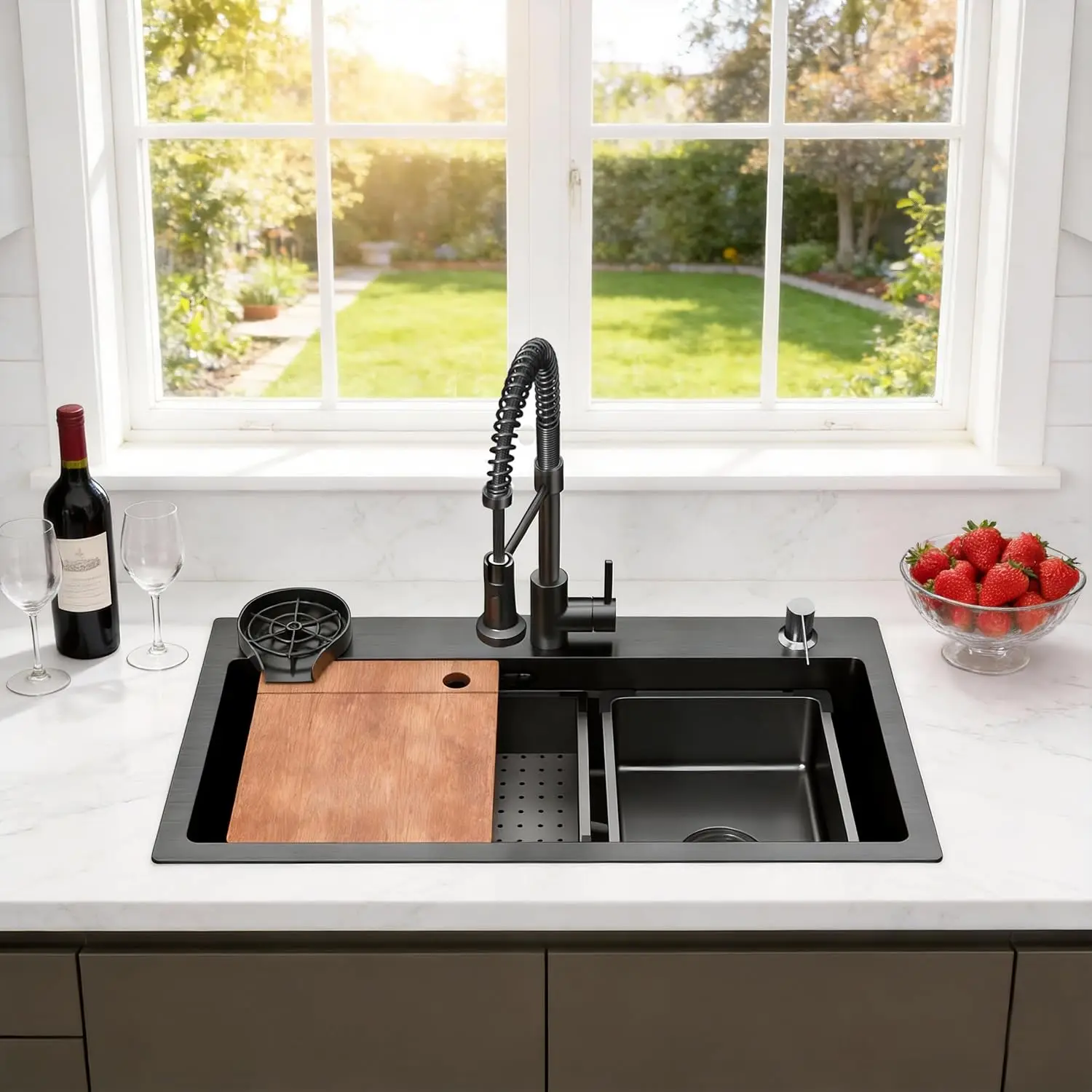 30in Black Drop-in Kitchen Sink: Stainless Steel single bowl Workstation
