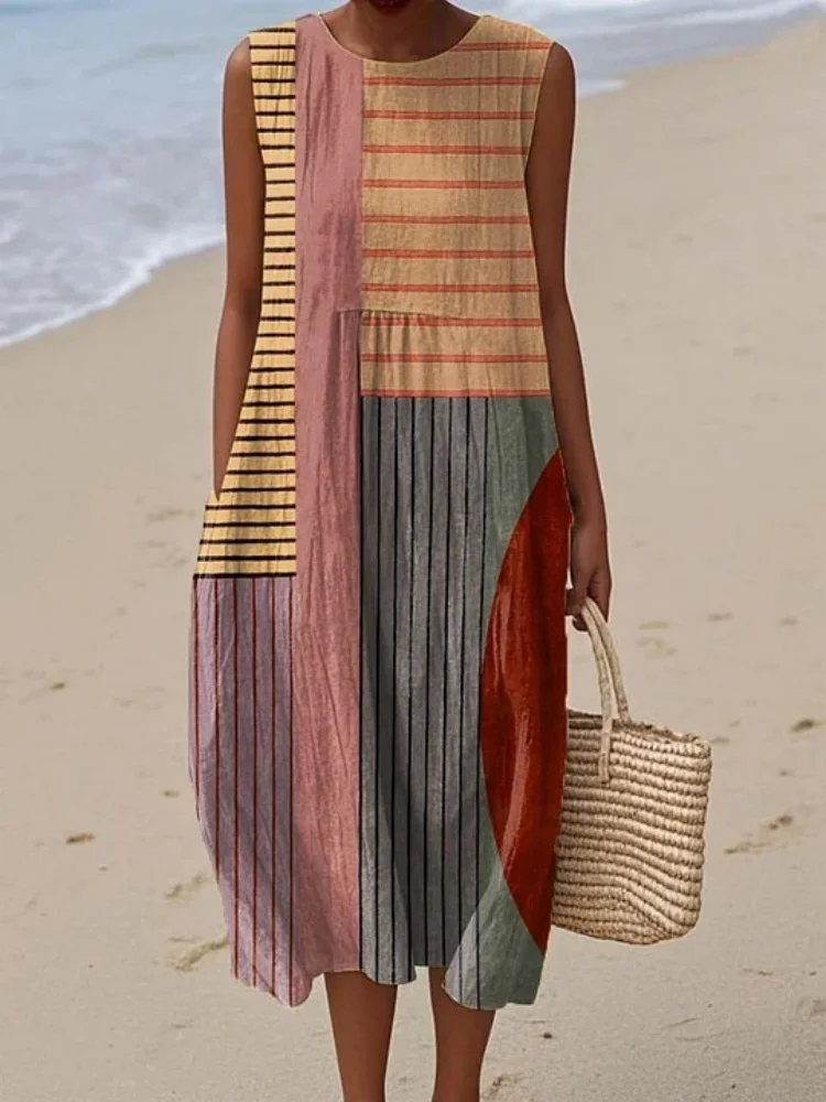 Plus Size Women's Tank Robes Fashion Summer Abstract Geometric Pattern Art Print Sleeveless Pocket Wrap Dress 2026 Chic Vestidos