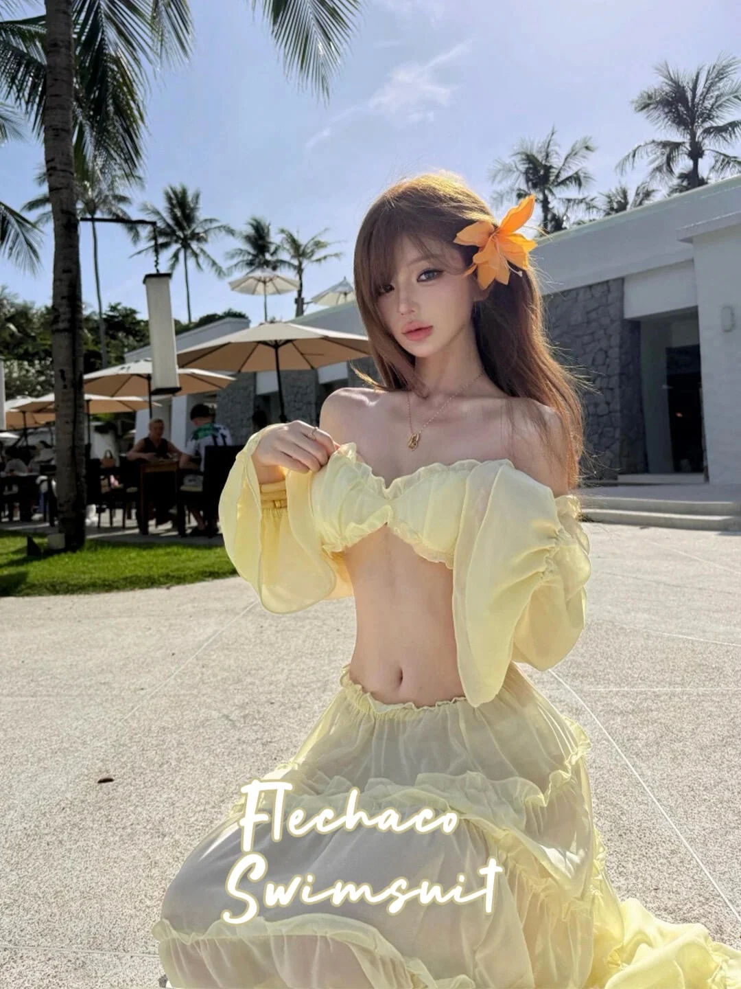 French Holiday Fairy Atmosphere Bubble Sleeve Beach Long Dress Swimsuit Three Piece Set Separate Bikini Nylon Material Beachwear