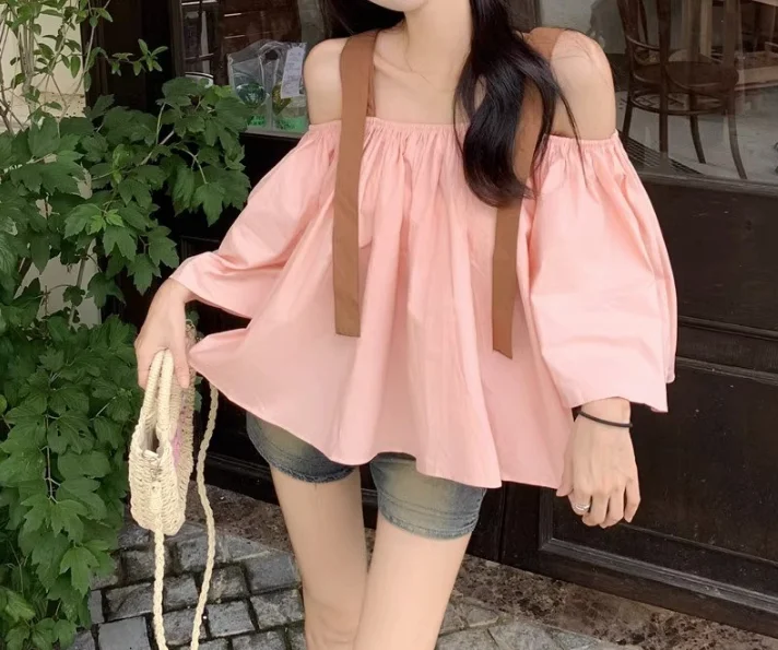 

Elegant Fairy Style Top 2025 Summer Casual Sweet Women Loose Top Color Contrast Bubble Sleeve Strap Top Y2K Top Elegant Blouses