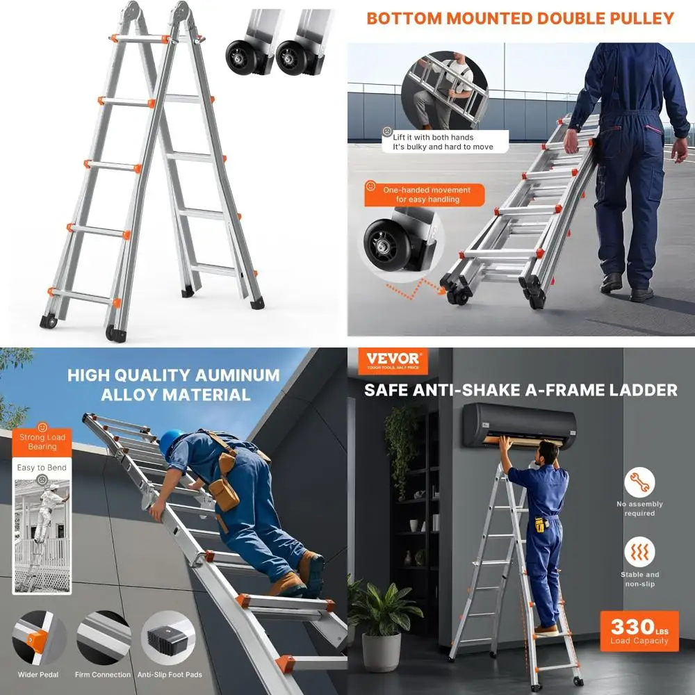 Échelle d'extension en aluminium de 17 pieds, conception de cadre en A télescopique, compacte et portable pour une utilisation en camping-car, échelle pliable multifonction