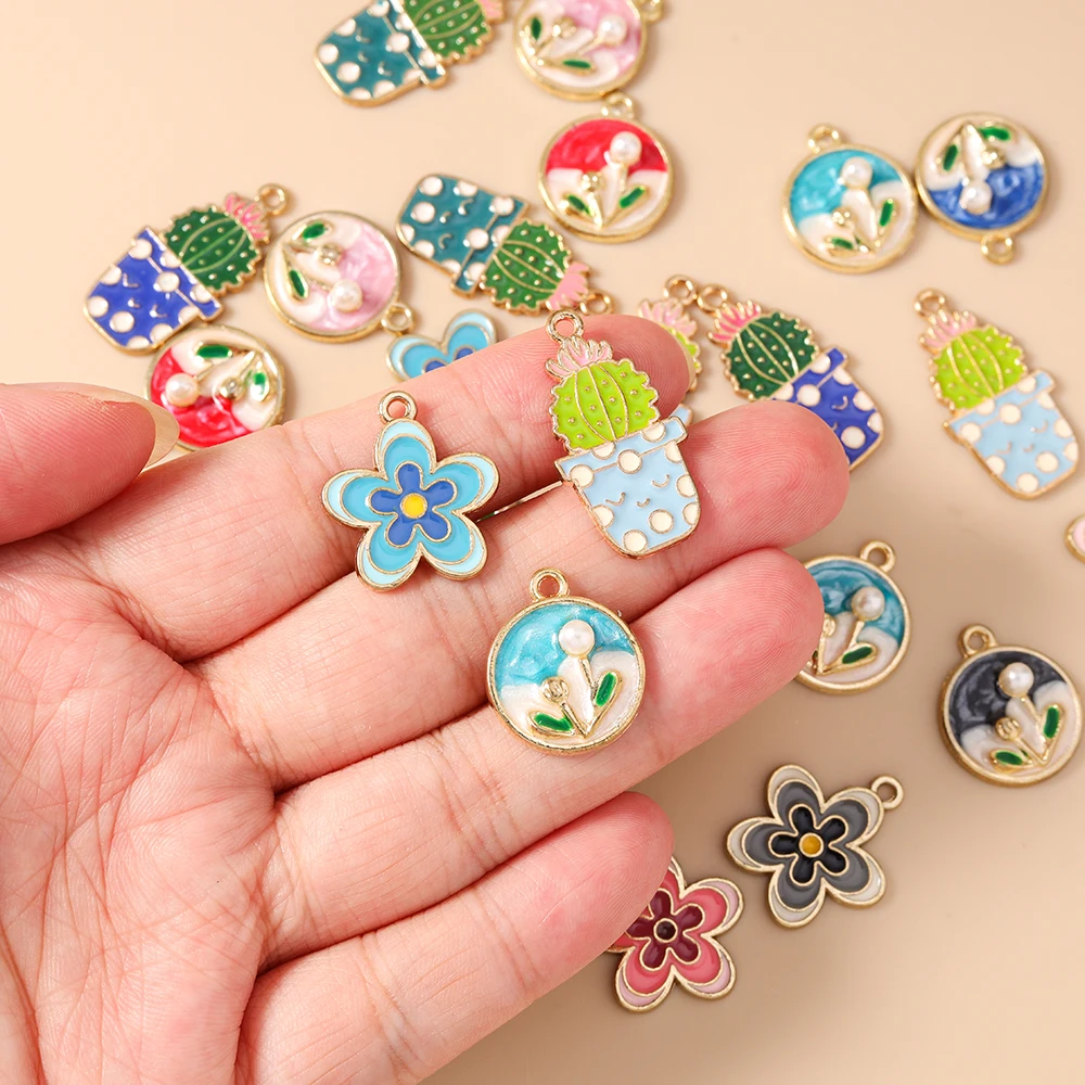 10 Stück niedliche, gemischte Pflanzenanhänger, Emaille-Blumen- und Kaktus-Anhänger für die Schmuckherstellung, Halsketten, Ohrringe, Armbänder, DIY-Bastelarbeiten, Geschenk – Detail 2