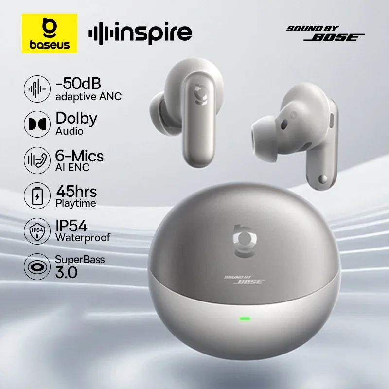 Baseus -50dB Adaptive ANC Wireless Earbuds Bluetooth 6.1 Dolby Audio 6 Mic ENC Wireless Earphones bud Sound by Bose