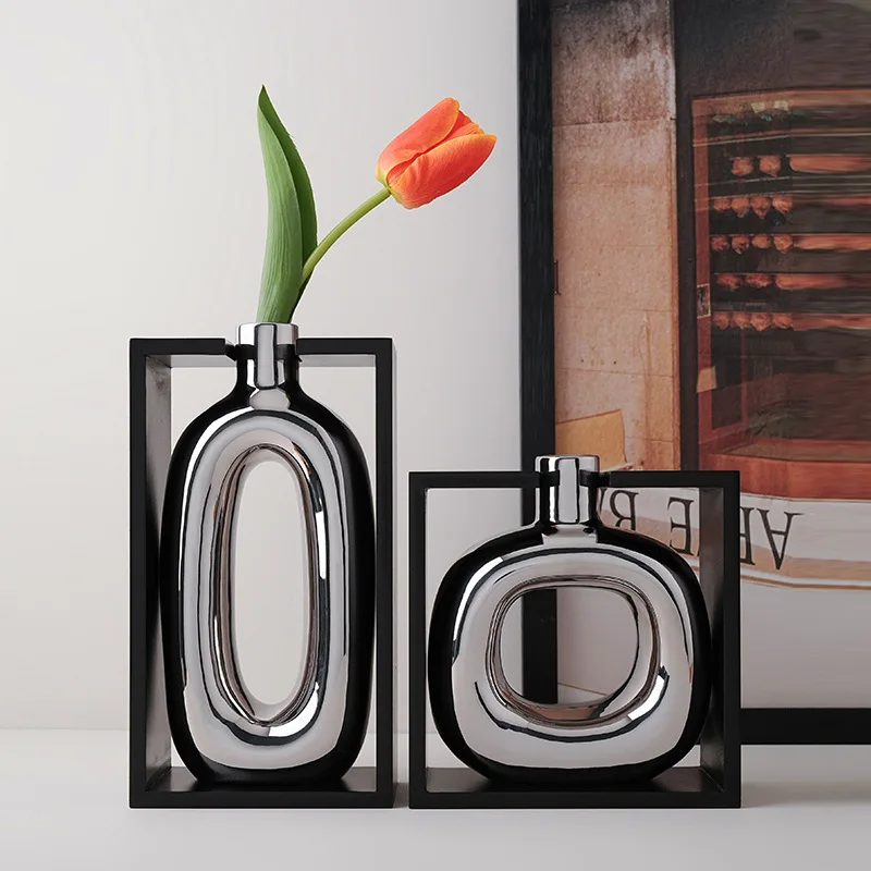 

1Pcs Silver Ceramic Vase Hollow Hollow Frame Hydroponic Flower Arrangement Vase Aquarium Home Decoration Accessories
