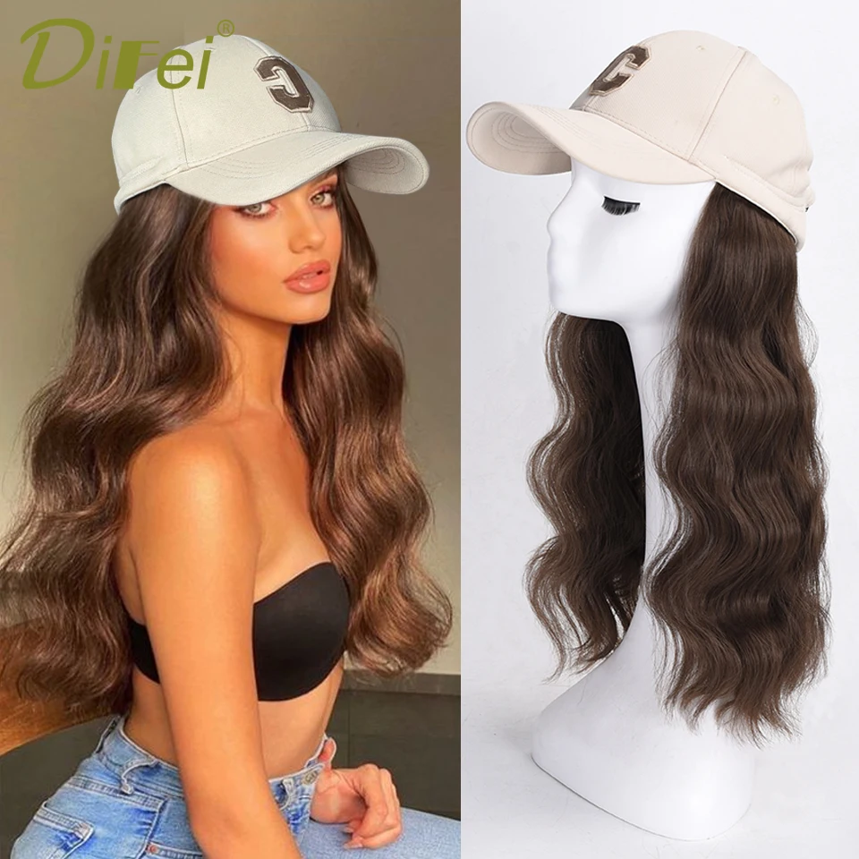 DIFEI-Peluca de cabello sintético para mujer, postizo largo de onda de agua con sombrero de béisbol, ajustable de una pieza, resistente al calor