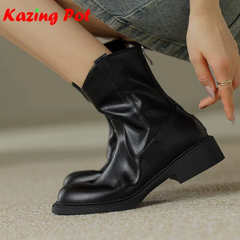 

Krazing Pot Cow Leather Chunky Heels Modern Thick Bottom Motorcycle Boots Western Casual Winter Autumn Women Punk Ankle Boots