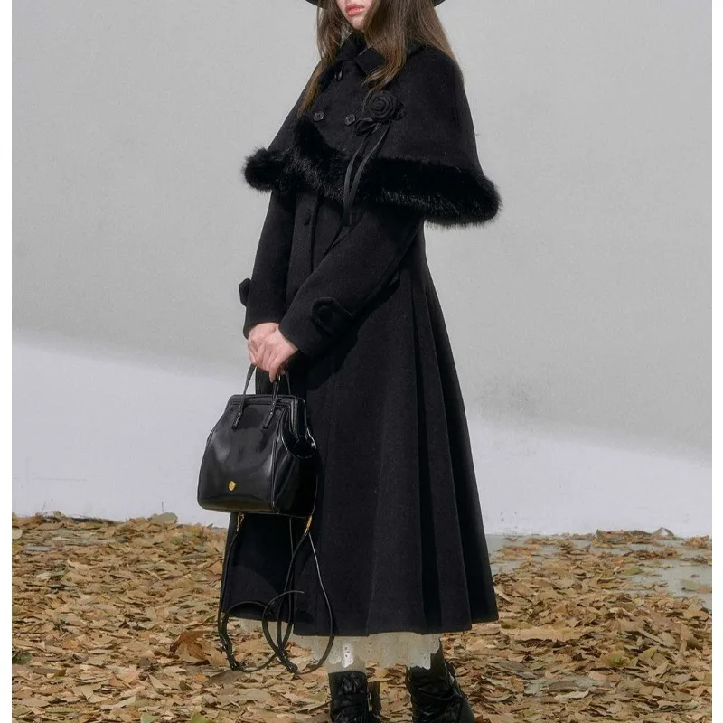 French gold wind black cloak double-breasted woolen coat autumn high-end two-piece set for women