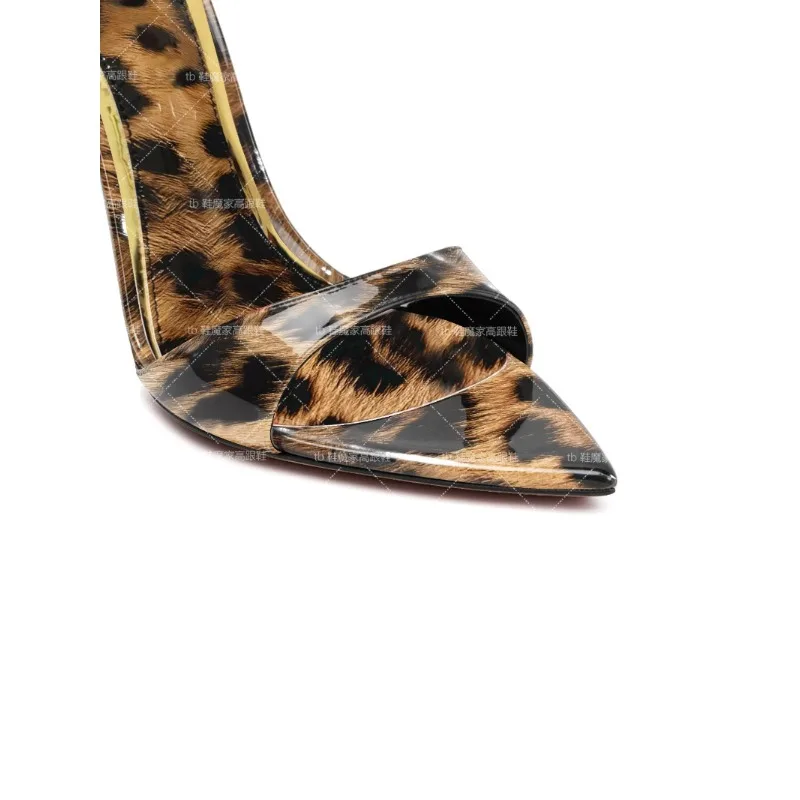 Summer New Leopard Print Pointed Semi Drag Minimalist High Heels for Women, Ultra-Fine Heel Slippers, Open Toed Sandals